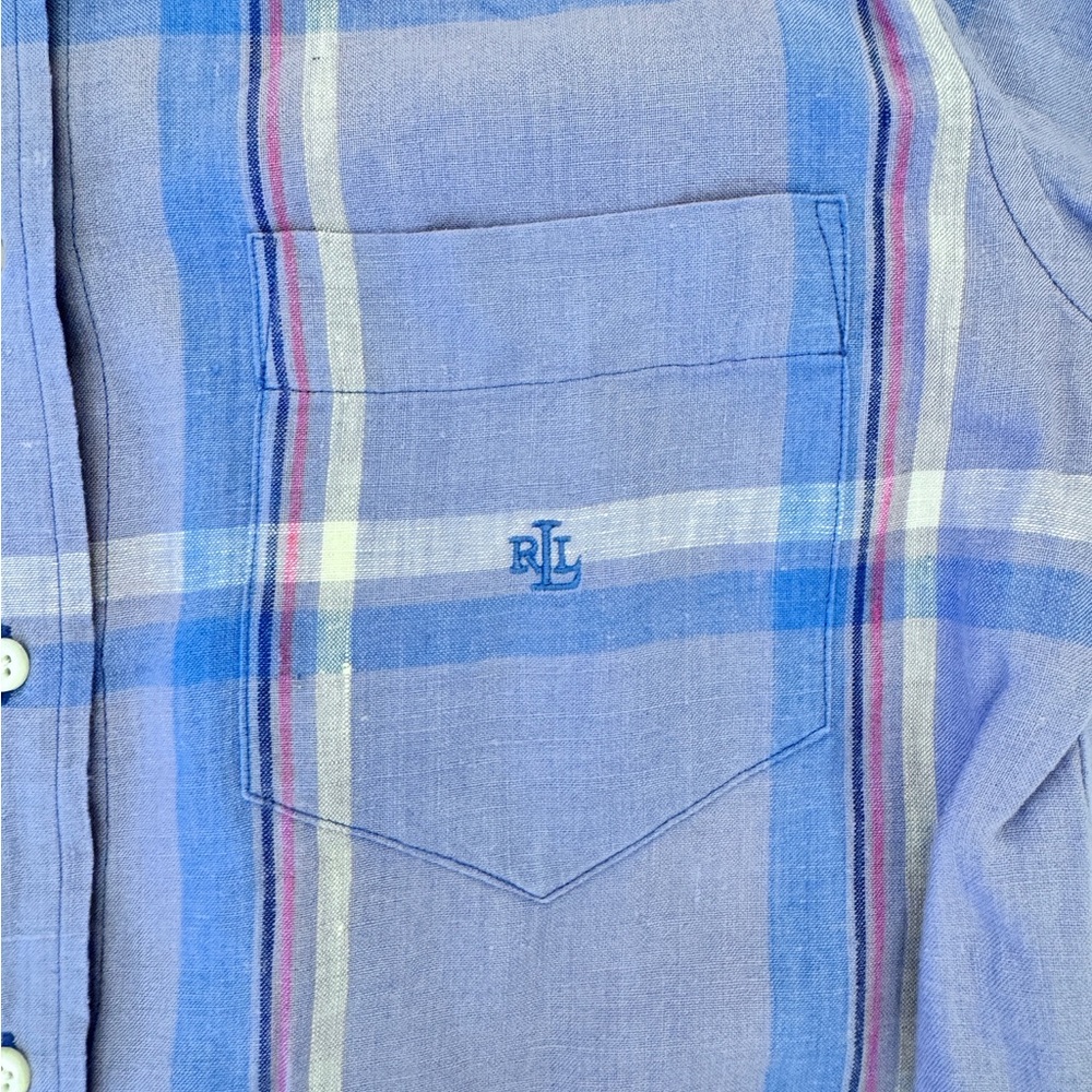 Lauren Ralph Lauren Womens 100% Linen Plaid Button Up Purple Blue Medium Preppy - Picture 5 of 9